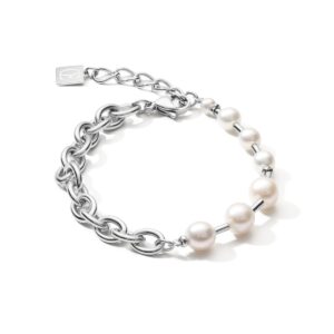 Bracelet freshwater pearls & chunky chain 4-in-1 white-silver