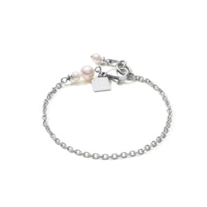 Bracelet Y chain & ring Freshwater pearls & stainless steel white-silver