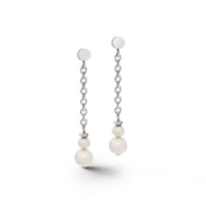 Earrings Y chain & ring Freshwater pearls & stainless steel white-silver