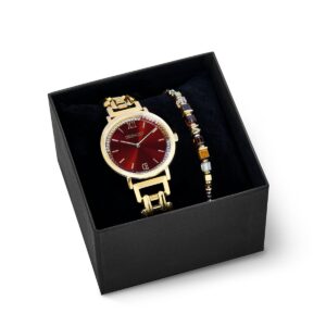 Gift Set Watch Round Sparkling Festive Red & bracelet Wave Cube Flow gold-brown