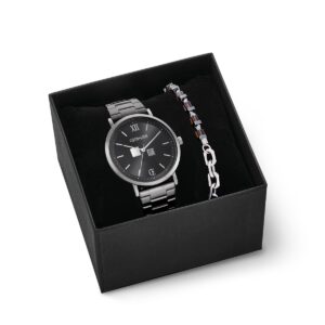 Gift Set Watch Round Statement Anthracite Sunray & bracelet Precious Fusion link chain brown-silver