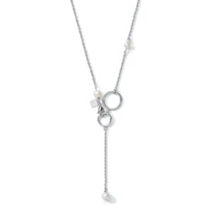 Necklace Y chain & ring Freshwater pearls & stainless steel white-silver