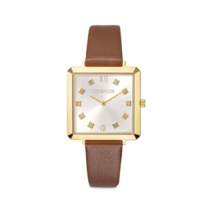 Watch Iconic Square Gold White Sunray Bracelet Leather Classy Brown