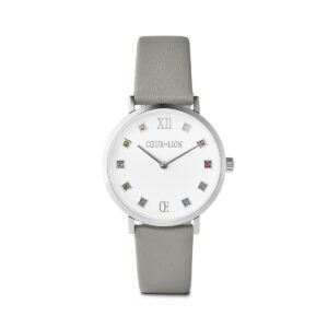 Watch Round Brilliant White Bracelet Leather Light Grey